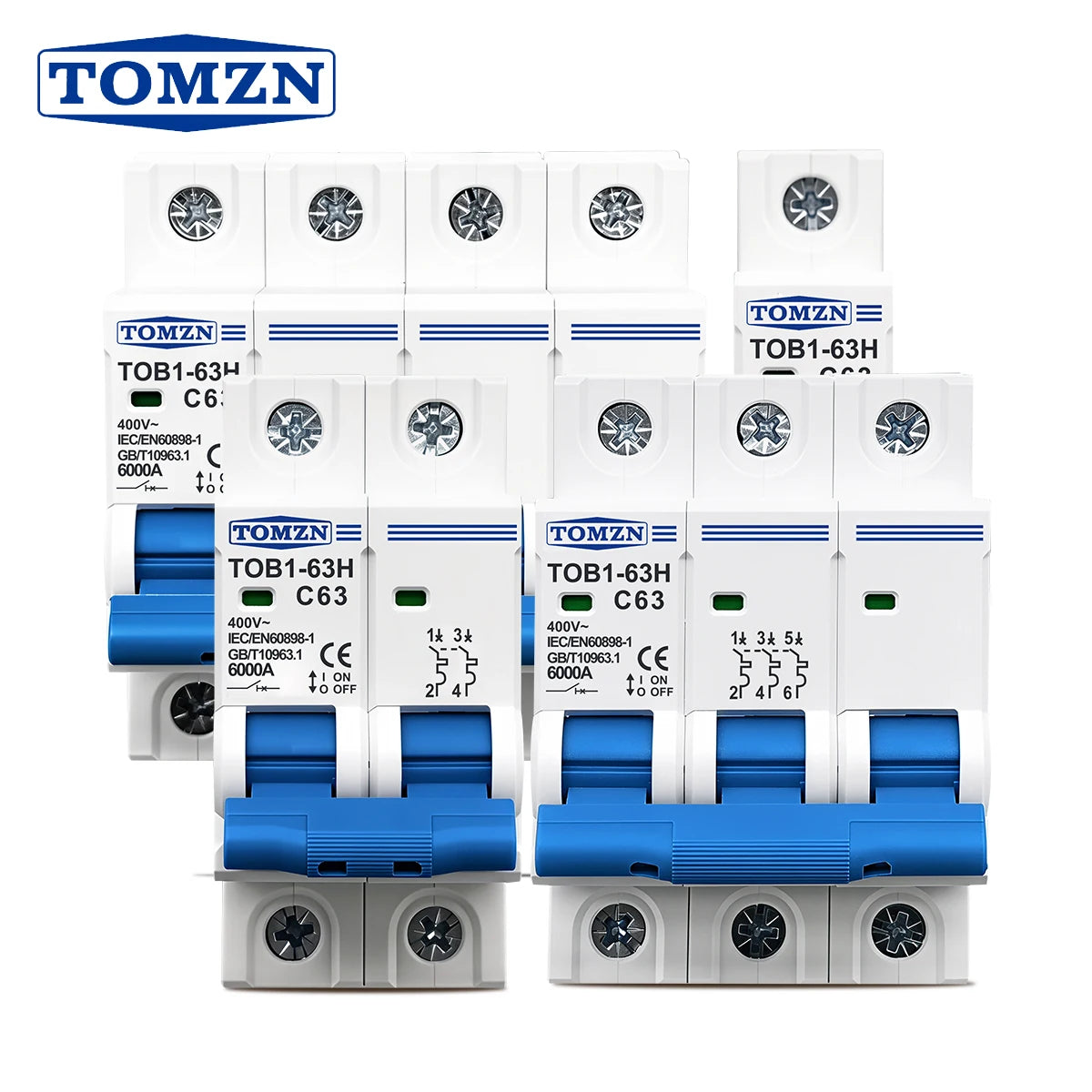 TOMZN TOB1-63H AC MCB Mini Circuit Breaker C Curve 1P 2P 3P 4P 3A 6A 10A 16A 20A 25A 32A 40A 50A 63A 230/400V 50/60Hz CE
