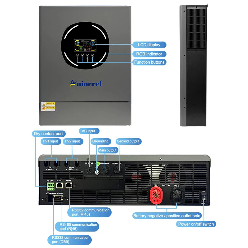 ANINEREL 11kW 6.2kW 48V Hybrid Solar Inverter Dual Output Dual Input Color LCD MPPT 160A 120A PV 500VDC Solar Controller