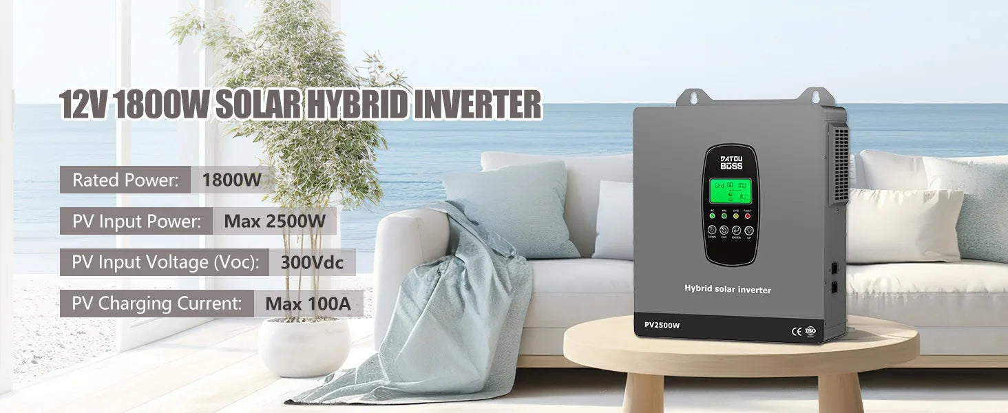DATOUBOSS Solar Hybrid Inverter 1800W 12V Built in MPPT Charge Controller for Home Use RV Camping Off Grid Power Supply