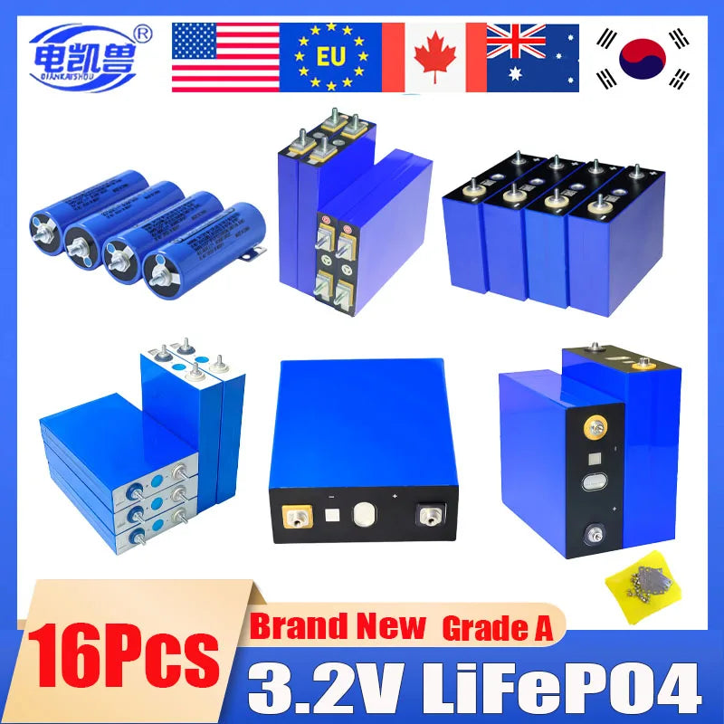 16pcs 3.2V 360Ah 340Ah 105Ah 100Ah Lifepo4 Battery Lithium Iron Phosphate Cell For 12v 24v RV Campers Golf Cart Battery Tax Free