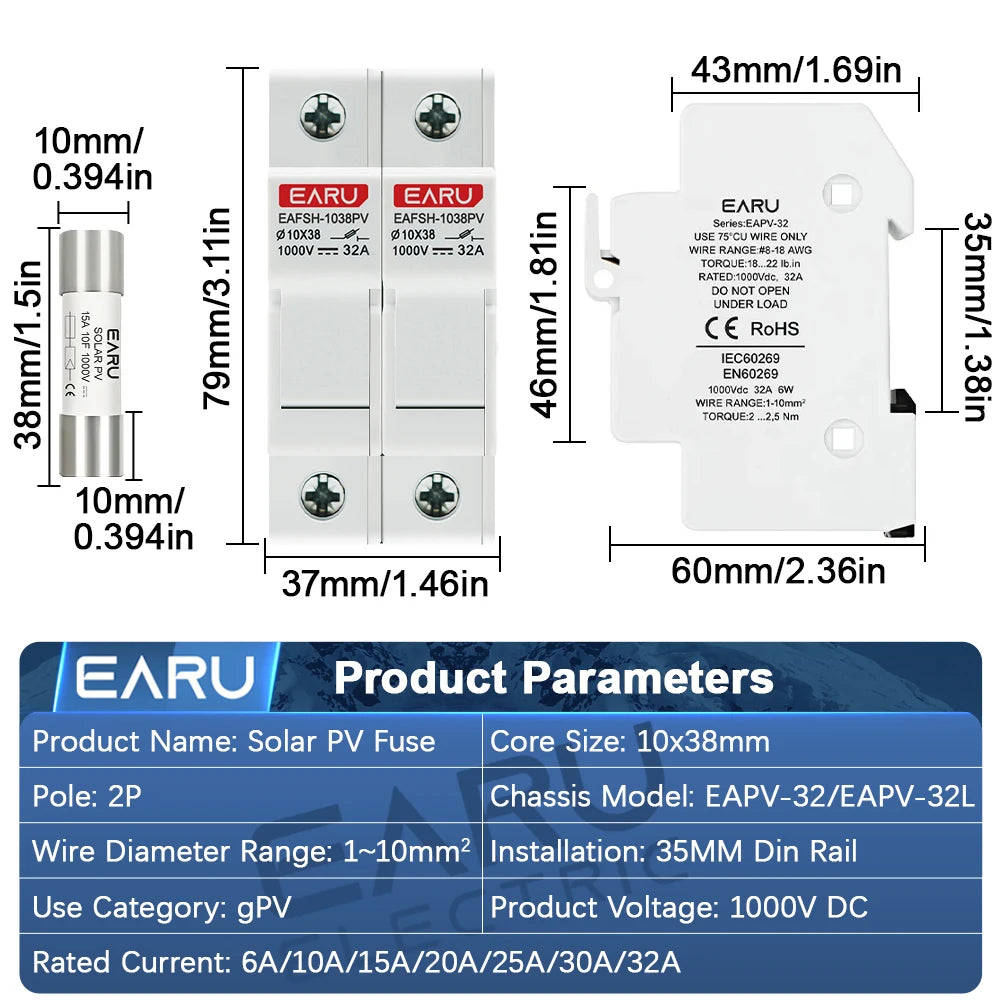 One Set 2P Parallel DC Fuse Holder 10*38mm High Voltage Solar PV 1000V 6A-32A Base Photovoltaic System Protection Protector gpV PRIME RJ SOLAR PH