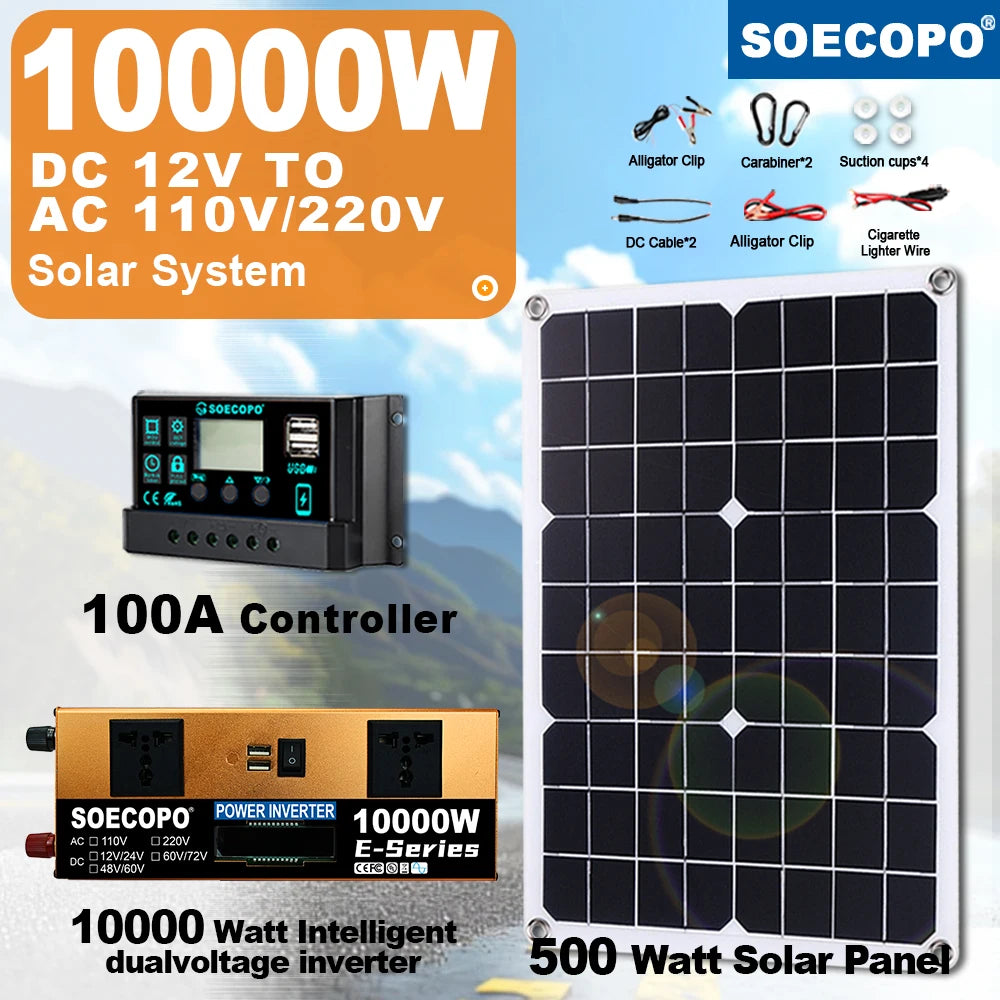 10000W Solar System Complete Kit Dual12V/24V To 110V/220V100A Controller 800W Panel Off-Grid Inverter for Home/Camping Backup