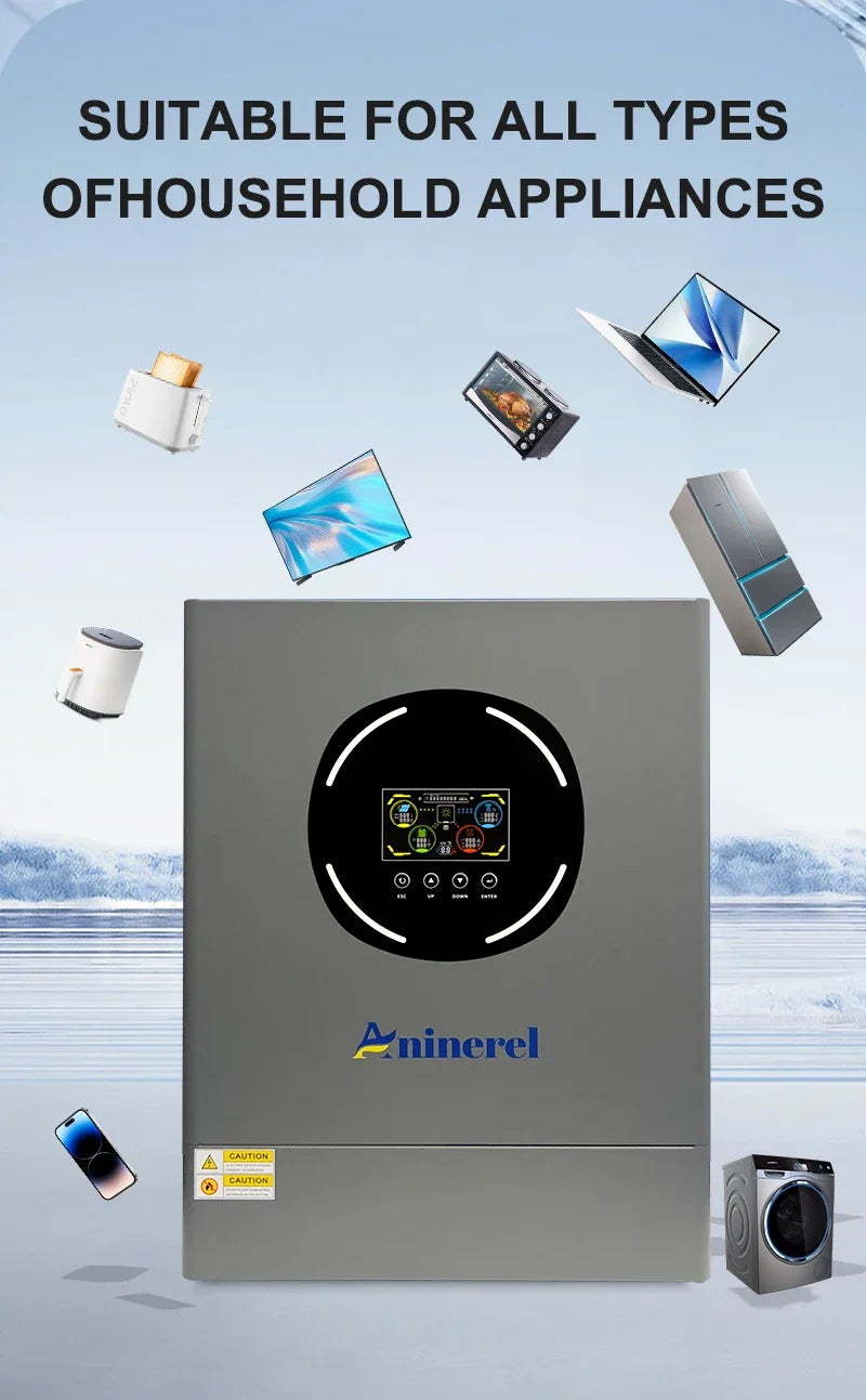 ANINEREL 11kW 6.2kW 48V Hybrid Solar Inverter Dual Output Dual Input Color LCD MPPT 160A 120A PV 500VDC Solar Controller