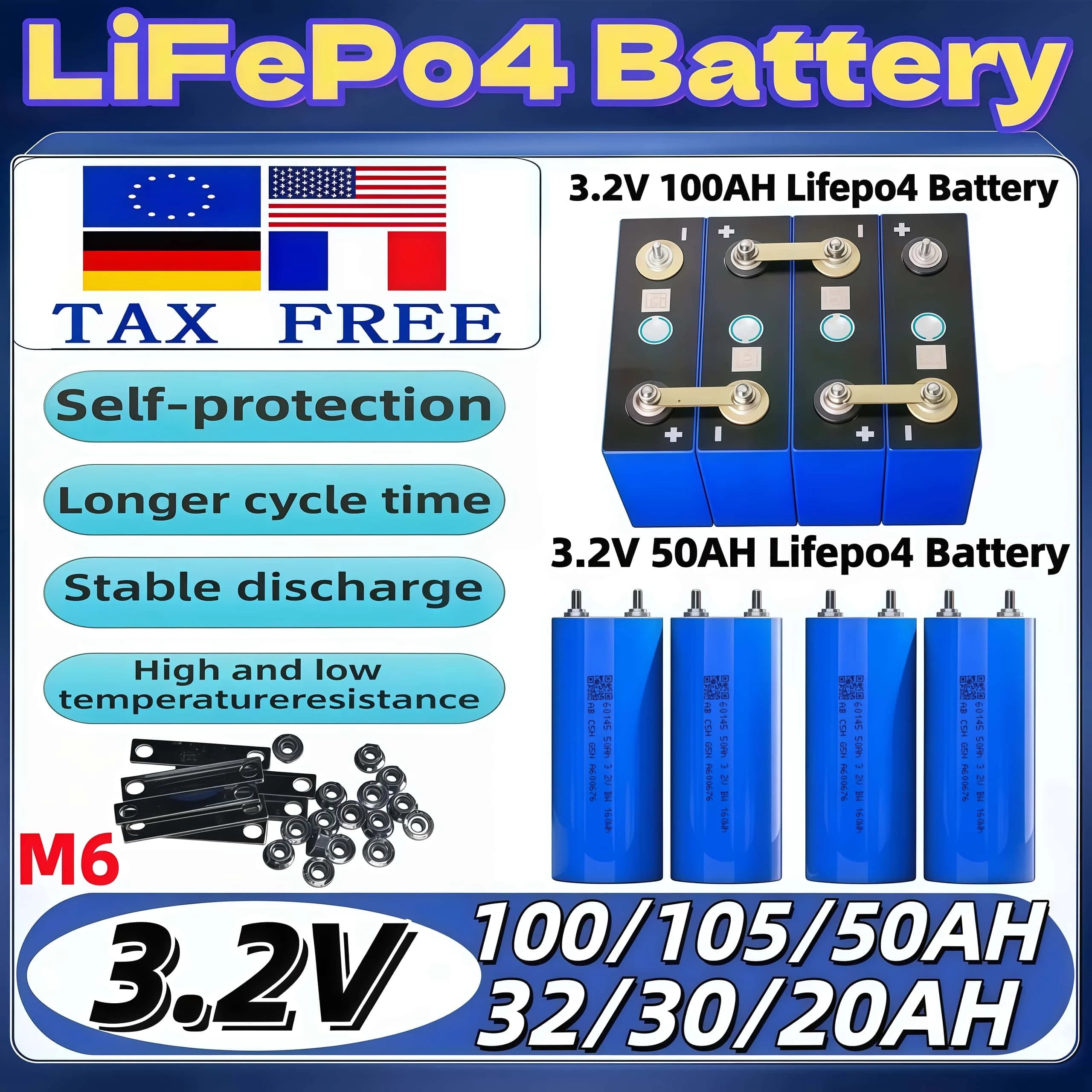 Grade a 3.2V LiFePO4 Battery for DIY Motorcycle Car Motor Modification 12.8V RV EV Home Storage - Various Sizes 20Ah-105Ah