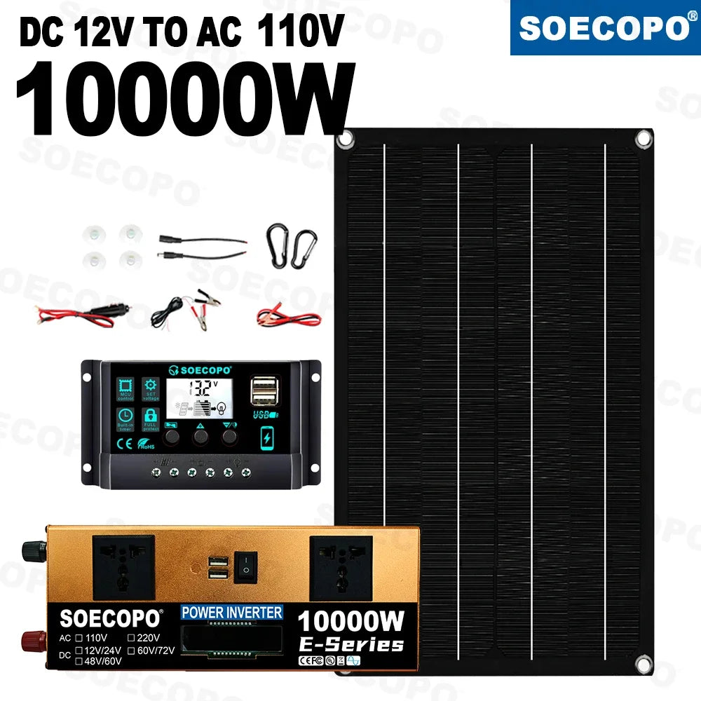 10000W Solar System Complete Kit Dual12V/24V To 110V/220V100A Controller 800W Panel Off-Grid Inverter for Home/Camping Backup