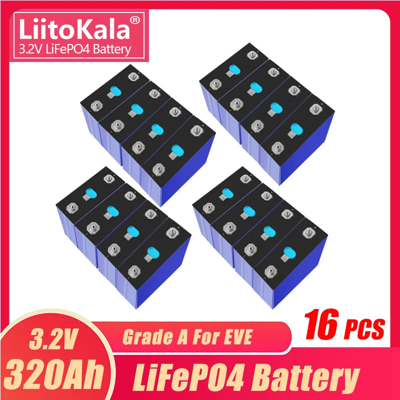 1-32PCS LiitoKala 3.2V 320Ah Lifepo4 Battery 300AH 310Ah Grade A 12V 24V Rechargeable Battery Pack EU US Tax Free With Busbars