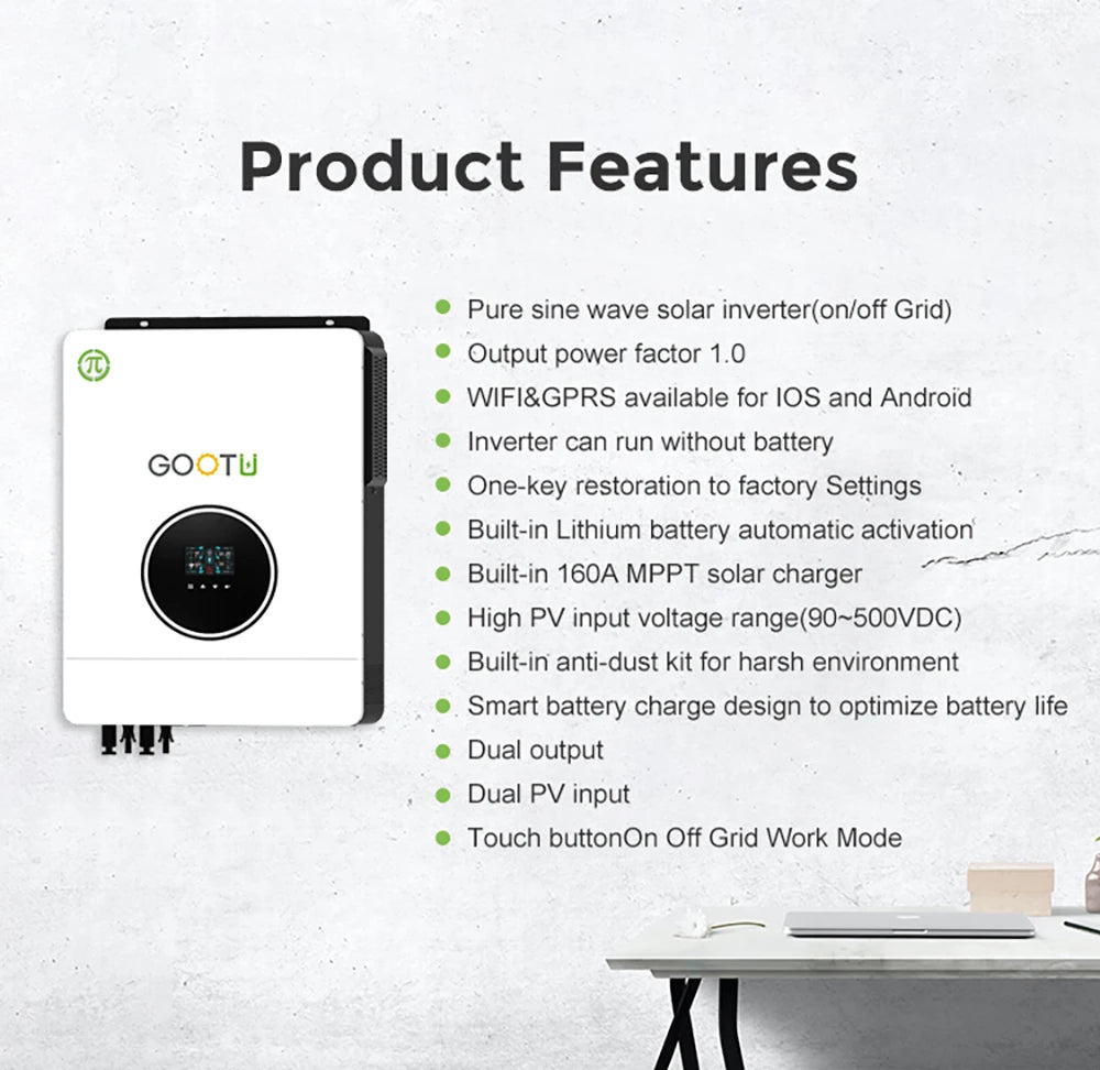 GOOTU 6.2KW/10.2KW Hybrid Solar Inverter Dual Output 24V/48V MPPT 160A Pure Sine Wave On/Off Grid for Home Power Supply