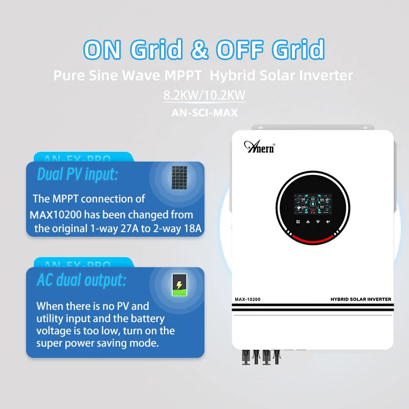 ANERN AN-SCI-MAX Hybrid Solar Inverter 1kW 3kW 4.2kW 6.2kW 10.2kW Built-in MPPT 500VDC PV 230VAC 12V 24V 48V Pure Sine Wave CE RoHS