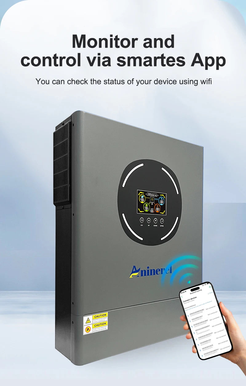 ANINEREL 11kW 6.2kW 48V Hybrid Solar Inverter Dual Output Dual Input Color LCD MPPT 160A 120A PV 500VDC Solar Controller