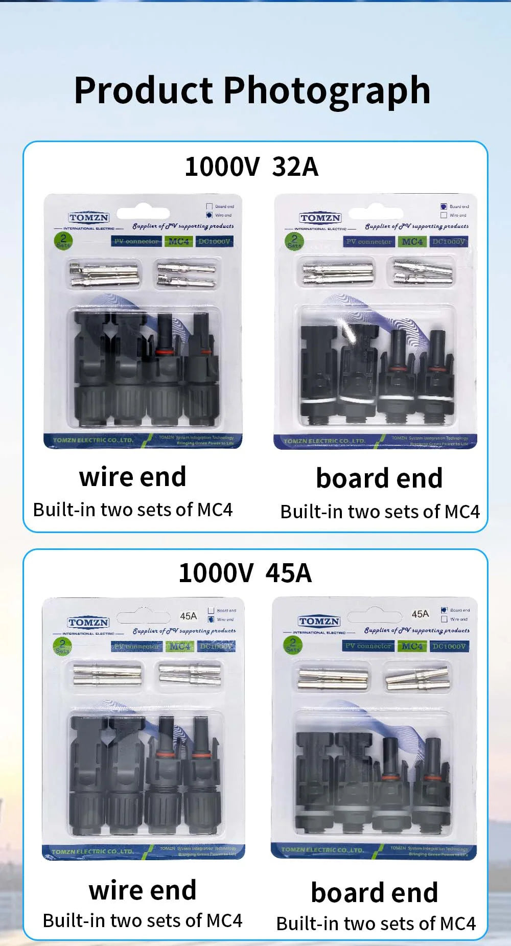 TOMZN 2 sets of PV Solar Connectors 1000V 1500V 32A 45A Panel Branch PV Photovoltaic Wire/Board Terminal Box Inverter IP67 10LOT PRIME RJ SOLAR PH
