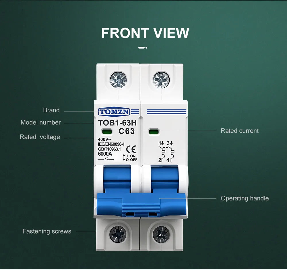 TOMZN TOB1-63H AC MCB Mini Circuit Breaker C Curve 1P 2P 3P 4P 3A 6A 10A 16A 20A 25A 32A 40A 50A 63A 230/400V 50/60Hz CE
