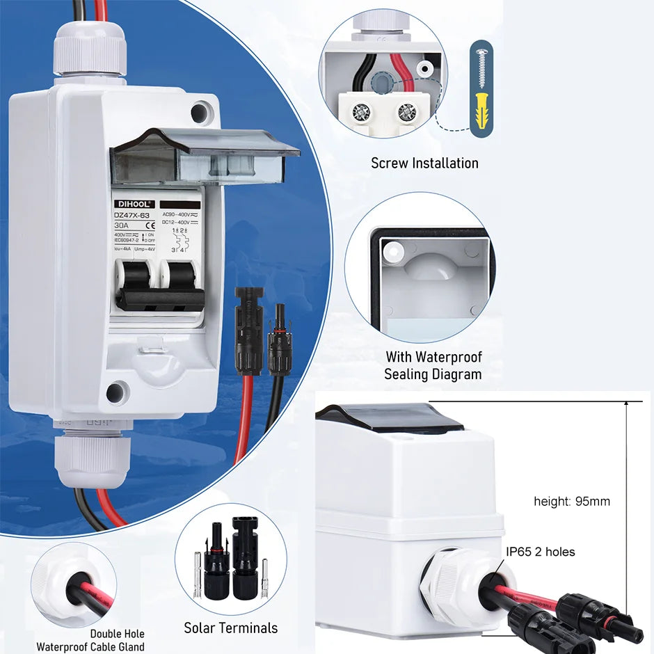 Solar Panel Disconnect Switch 30A /15Amp DC-AC 400V Circuit Breaker With IP65 Distribution Box Short Circuit Overload Protection