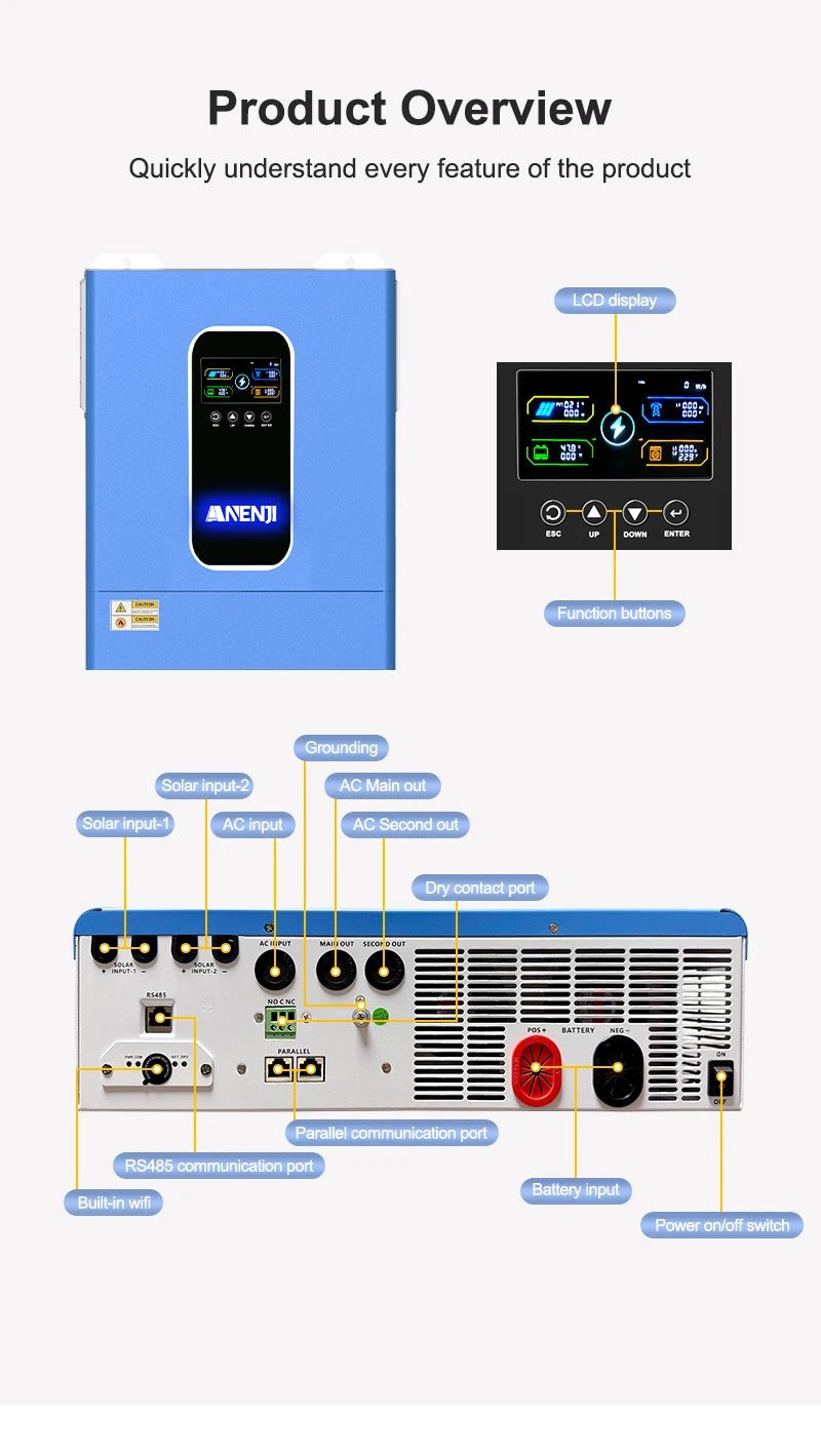 11KW Hybrid Solar Inverter 48V MPPT Photovoltaic On/Off Grid Inverter 220VAC PV 500V Built-in 160A Solar Charge Controller