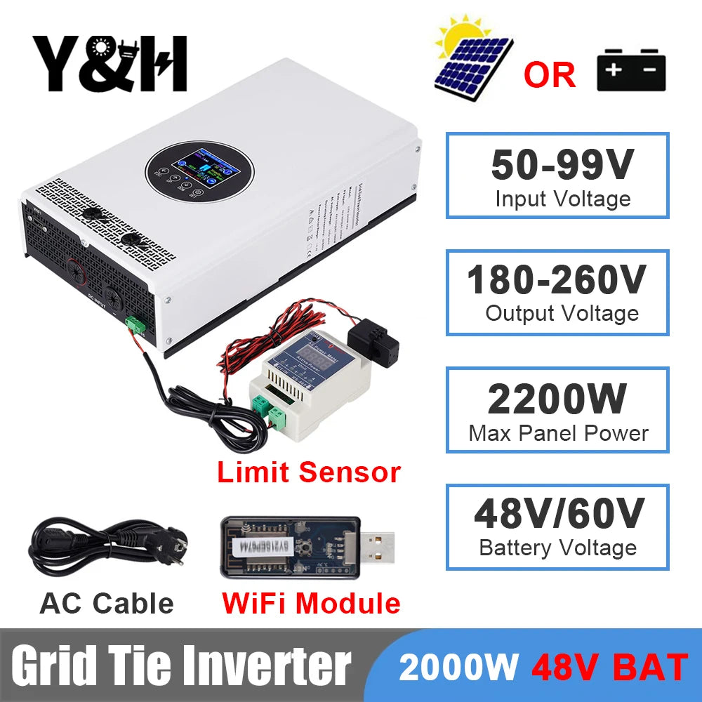 Y&H 2000W 1500W Grid Tie Inverter Input 55-99V/24-55V Output AC230V Pure Sine Wave Battery Discharge Mode Optional Limiter/WiFi