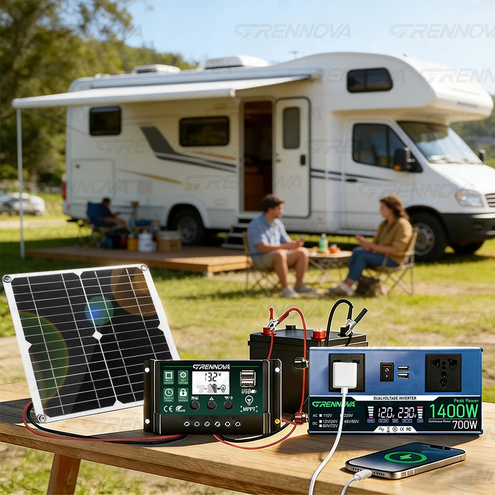 30W Solar Panel System with 1400W Peak Inverter (continuous Power 700W ) | 60A Controller DC 12/24V To 110V/220V for Camping Rv