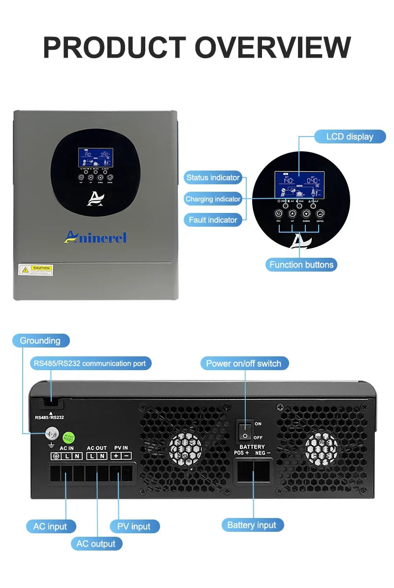 Aninerel 6.2KW 4.2KW 2KW 48V/24V/12V Hybrid Solar Inverter household Pure Sine Wave Inverter MPPT Solar Charge Controller WIFI