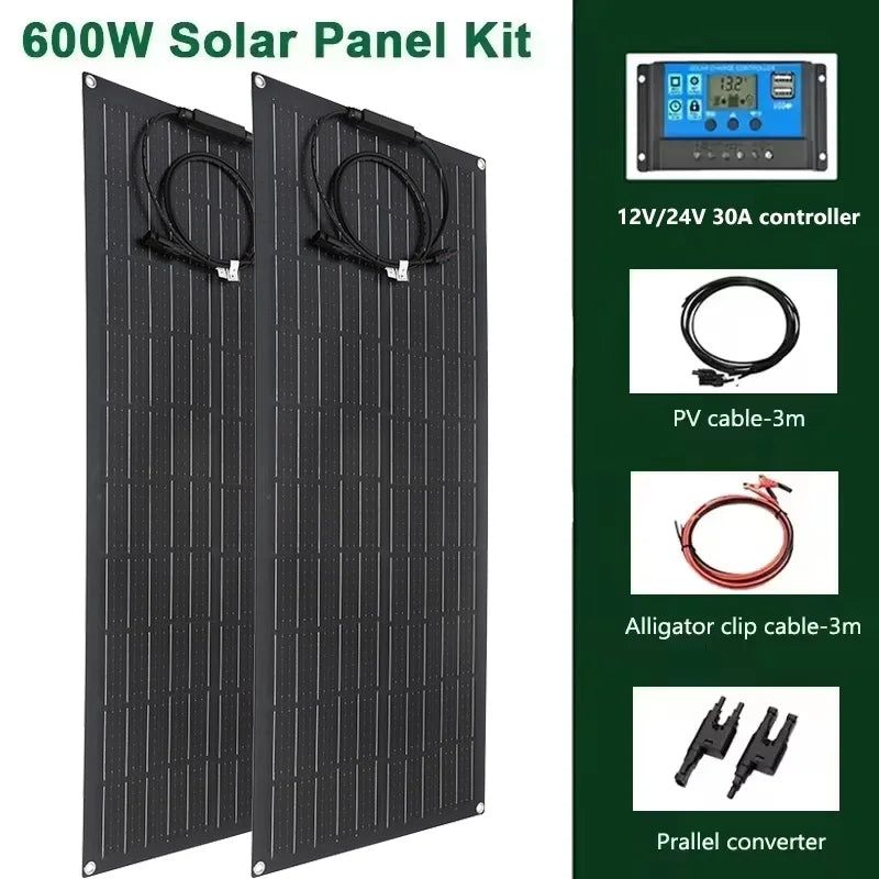 300W 600W Flexible Solar Panel 12V 24V Solar Charge Battery Kit with 30A/60A Contro0ller for Camping RV Home Solar Power Bank