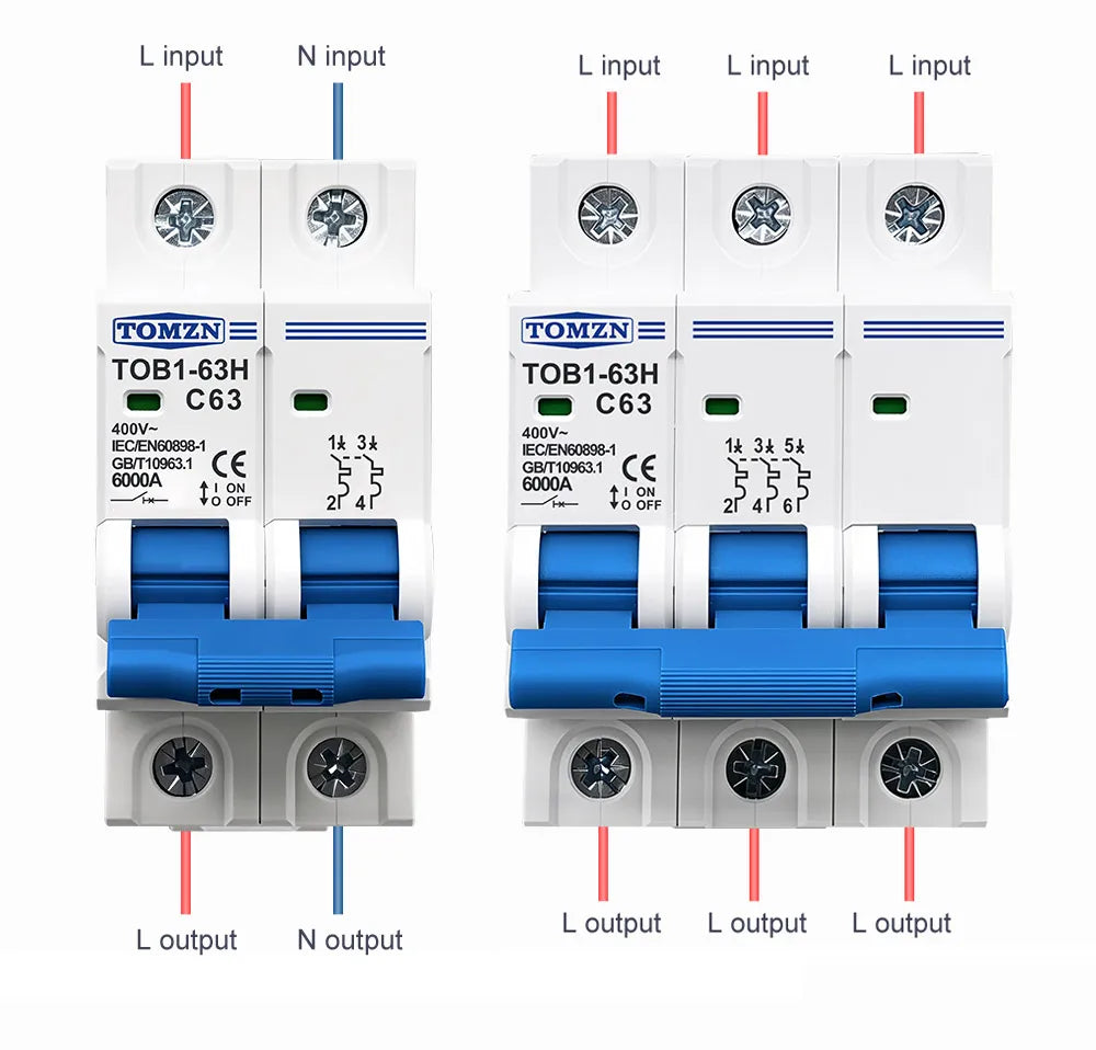 TOMZN TOB1-63H AC MCB Mini Circuit Breaker C Curve 230V 400V 1P 2P 3P 4P 3A 6A 10A 16A 20A 25A 32A 40A 50A 63A 50Hz 60Hz CE