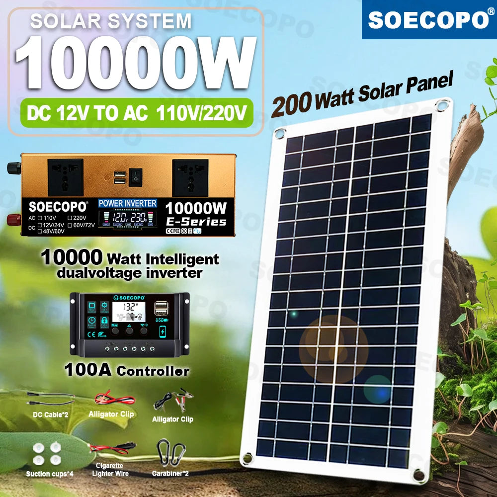 10000W Solar System Complete Kit Dual12V/24V To 110V/220V100A Controller 800W Panel Off-Grid Inverter for Home/Camping Backup