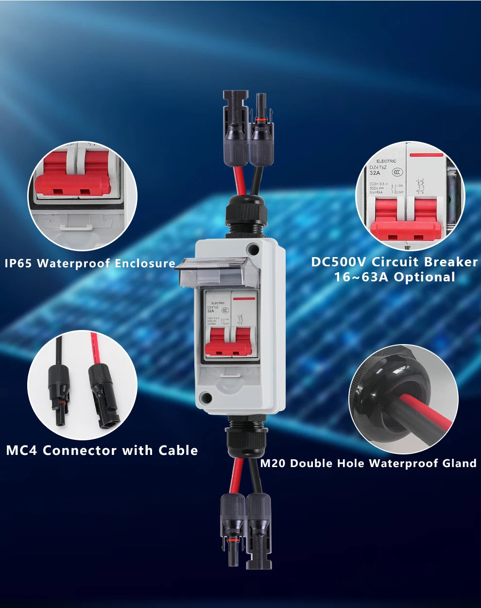 Outdoor IP65 Waterproof Solar PV DC Combiner Box with DC Circuit Breaker, DC500V 32A Load Isolating Switch