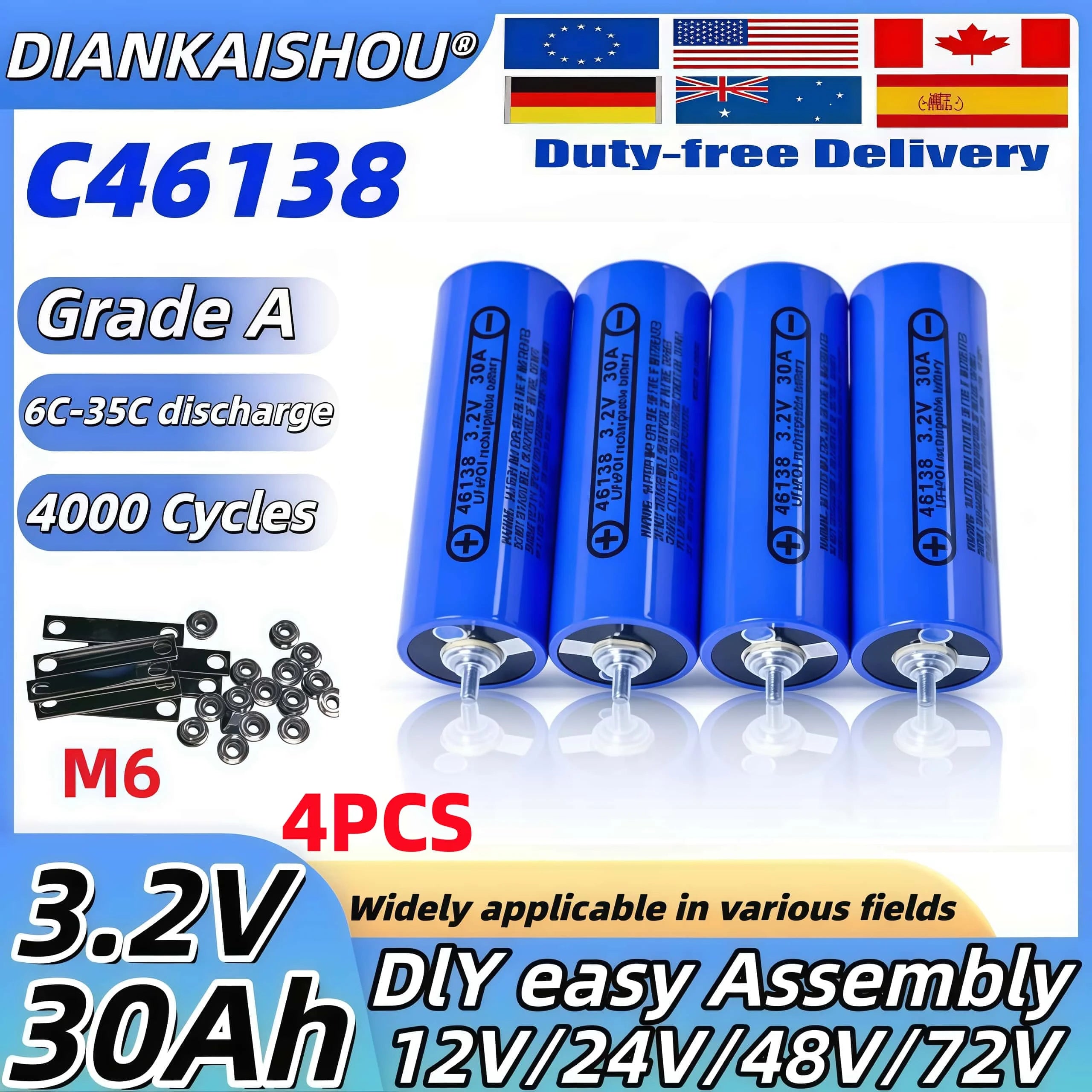 4PCS 3.2V LiFePO4 Battery Set High-Grade 100Ah 105Ah 20Ah 30Ah 50Ah 32Ah for DIY Motorcycle Car Motor Modification 12.8V RV EV