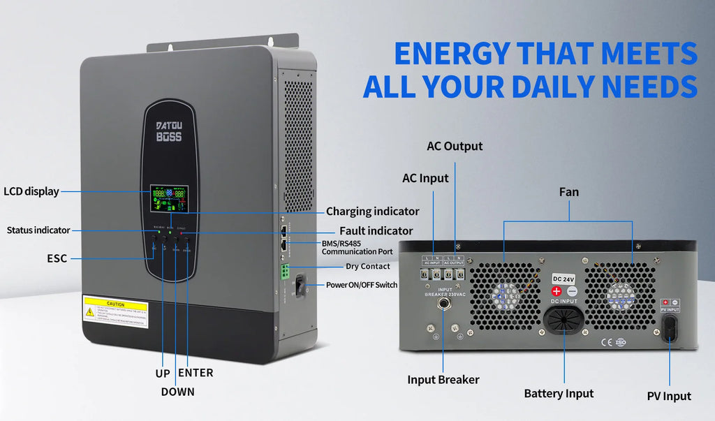 DATOUBOSS Solar Hybrid Inverter 3000W 24v to 220v Pure Sine Converter LCD Display Remote Control MPPT 55-450V DC 50/60Hz Inverte