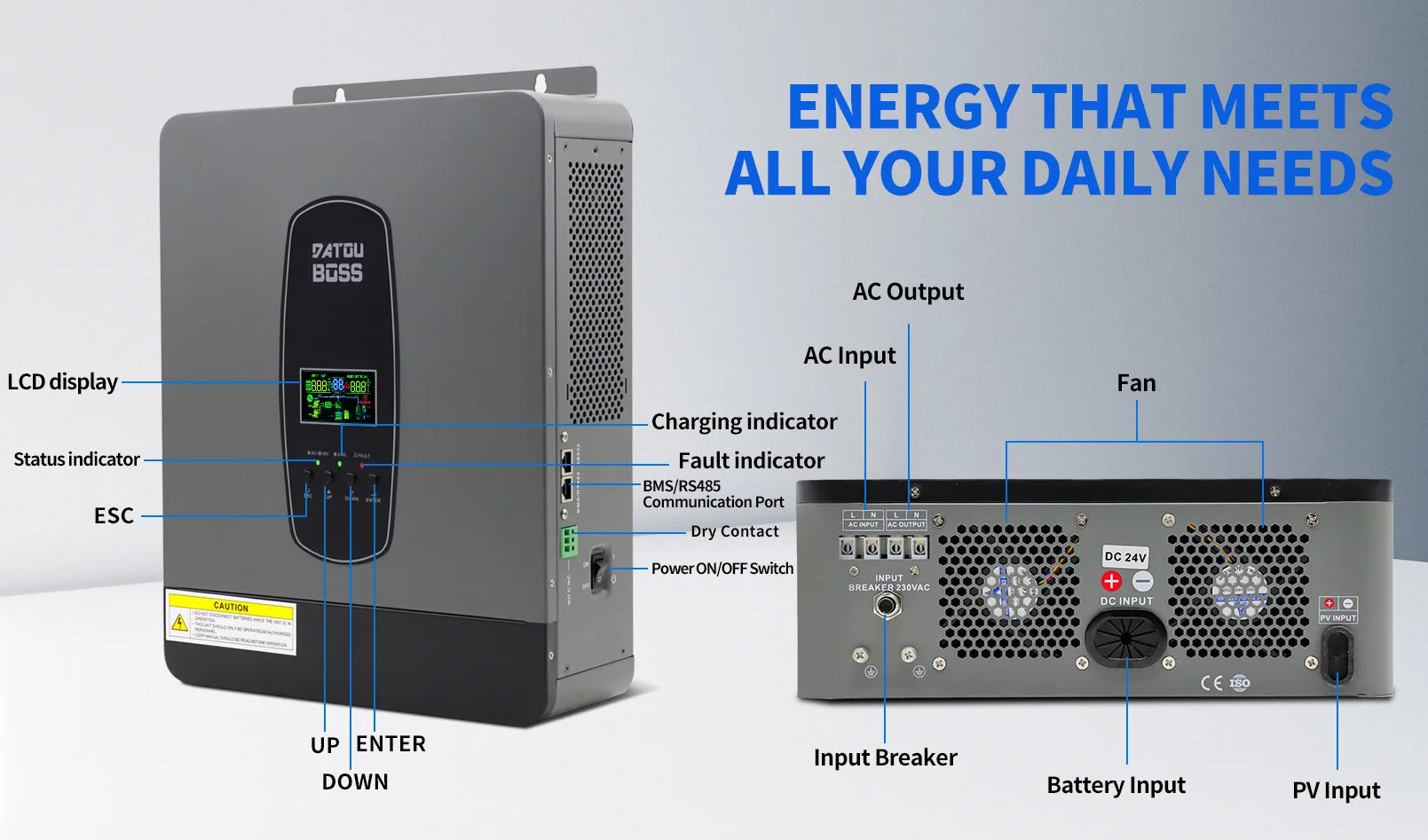 DATOUBOSS Solar Hybrid Inverter 3000W 24v to 220v Pure Sine Converter LCD Display Remote Control MPPT 55-450V DC 50/60Hz Inverte