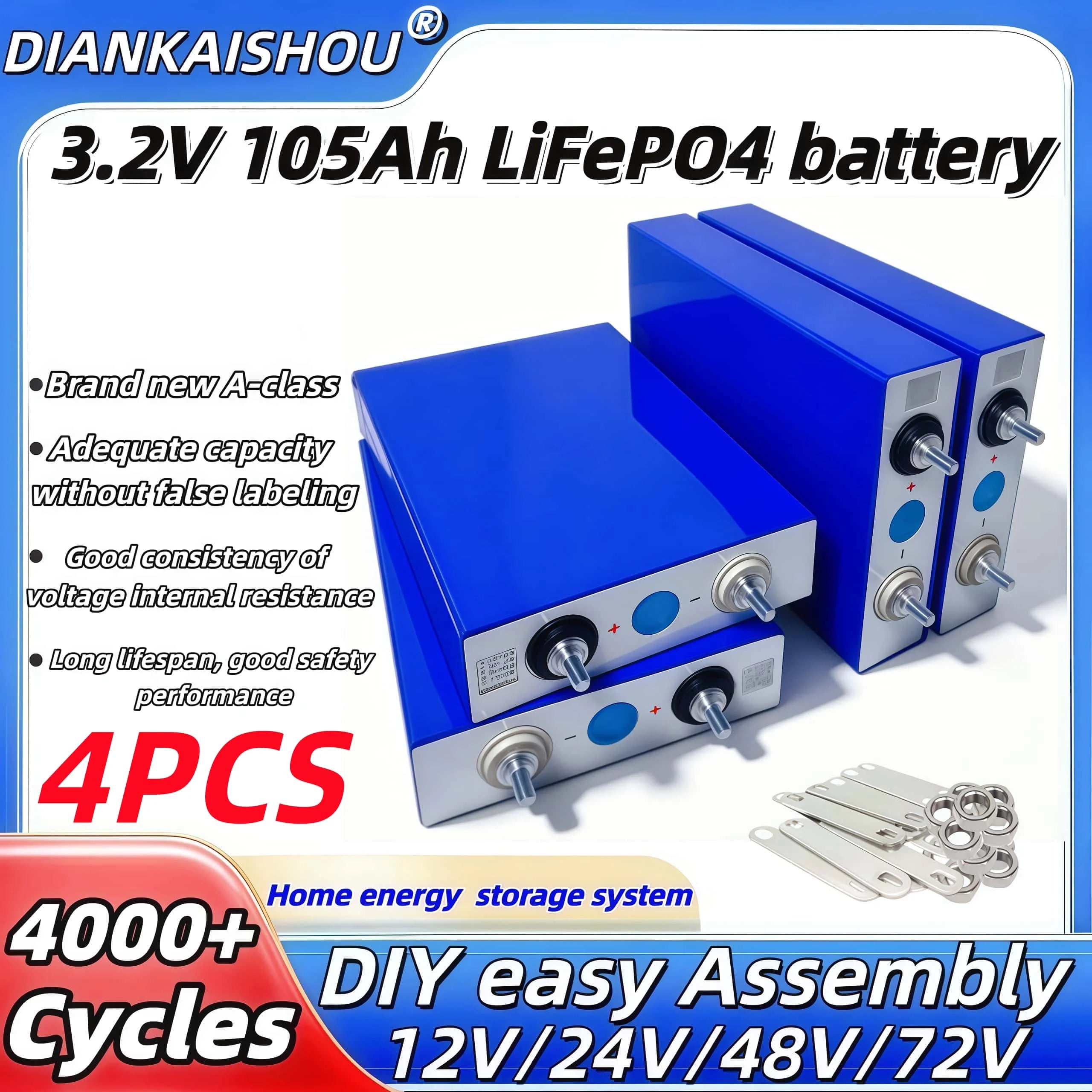 4PCS 3.2V LiFePO4 Battery Set High-Grade 100Ah 105Ah 20Ah 30Ah 50Ah 32Ah for DIY Motorcycle Car Motor Modification 12.8V RV EV