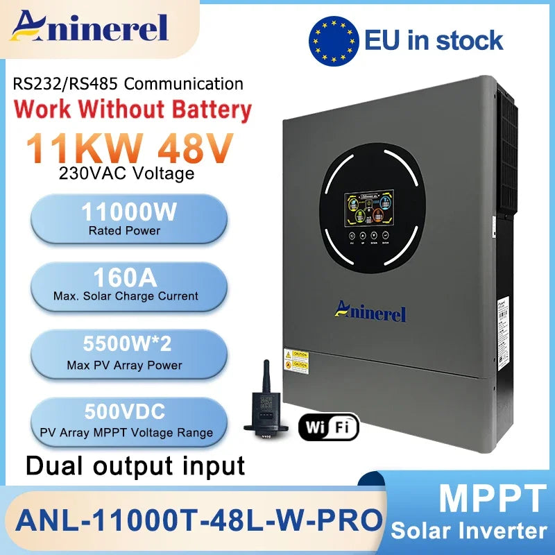 ANINEREL 11kW 6.2kW 48V Hybrid Solar Inverter Dual Output Dual Input Color LCD MPPT 160A 120A PV 500VDC Solar Controller