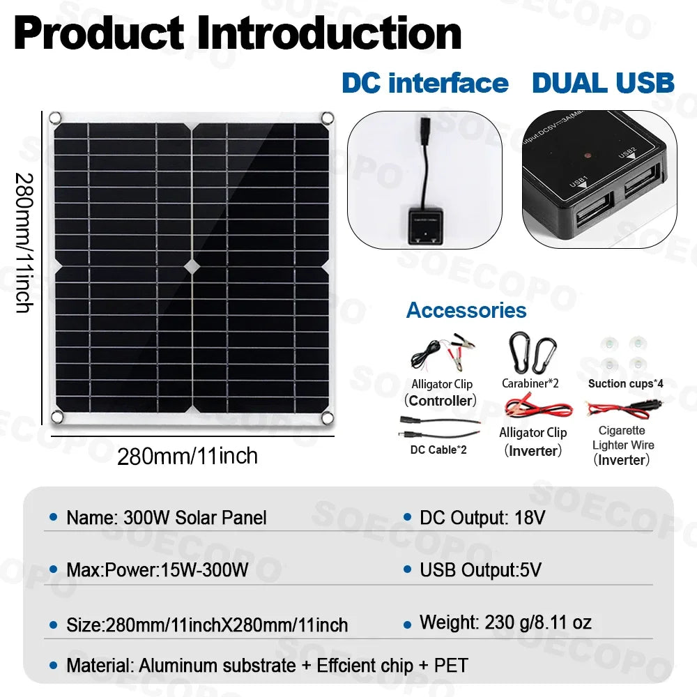 Portable 10000W Peak Solar Kit Complete 12V To 220V 110V Inverter 300W Photovoltaic Panel 100A Controller for Generators Home PRIME RJ SOLAR PH