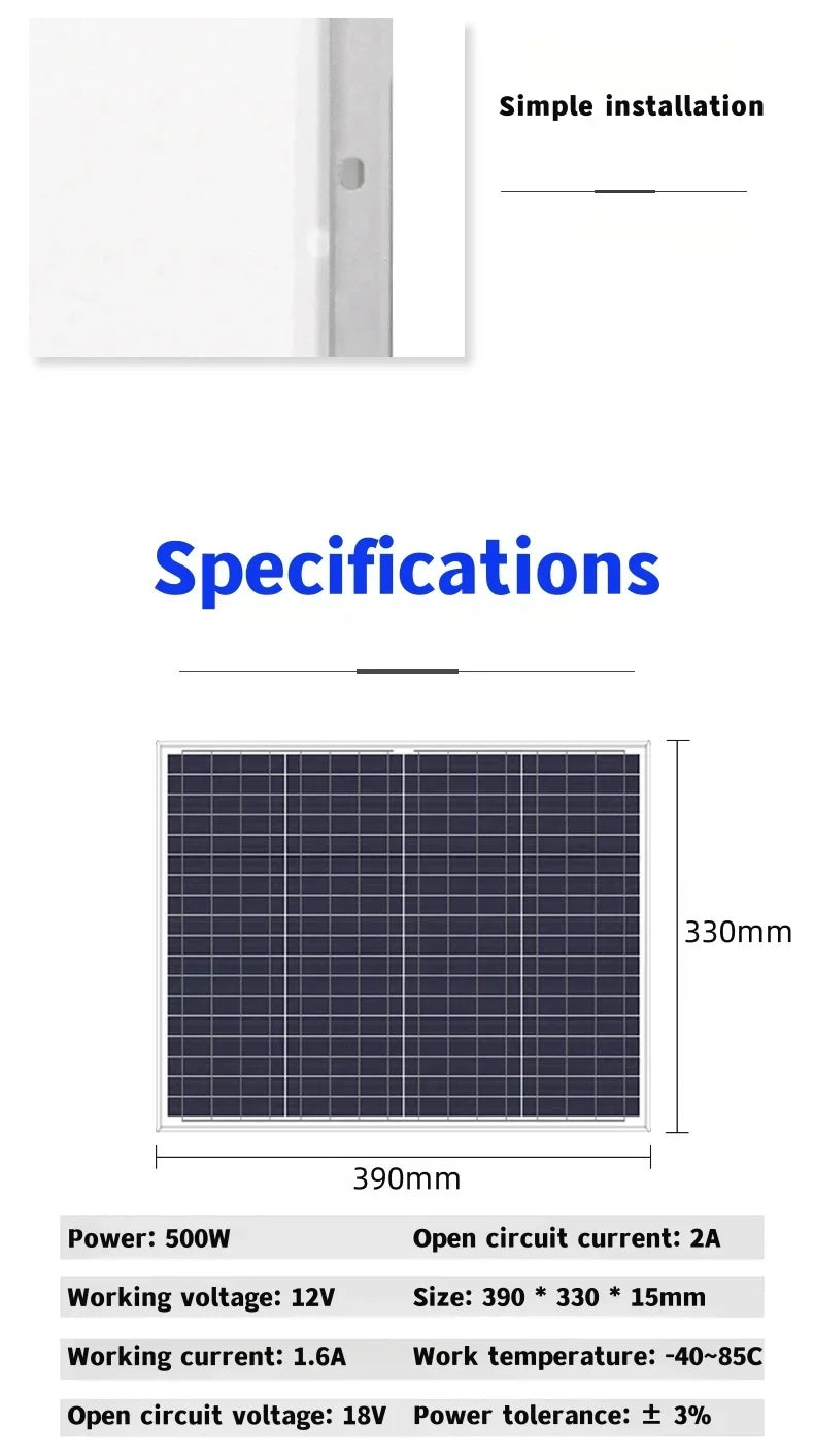 500W Solar Panel Kit with 12V Controller Polycrystalline Silicon Power Supply Portable Outdoor Rechargeable Solar Cell, Househol
