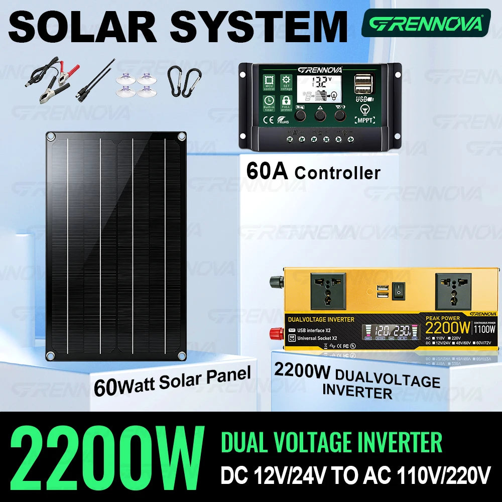 Dual Voltage Solar Kit 60W Panel 60A Controller Dual Inverter (Peak 2200W Continuous 1100W) 12V/24V To 110V/220V for Balcony RV