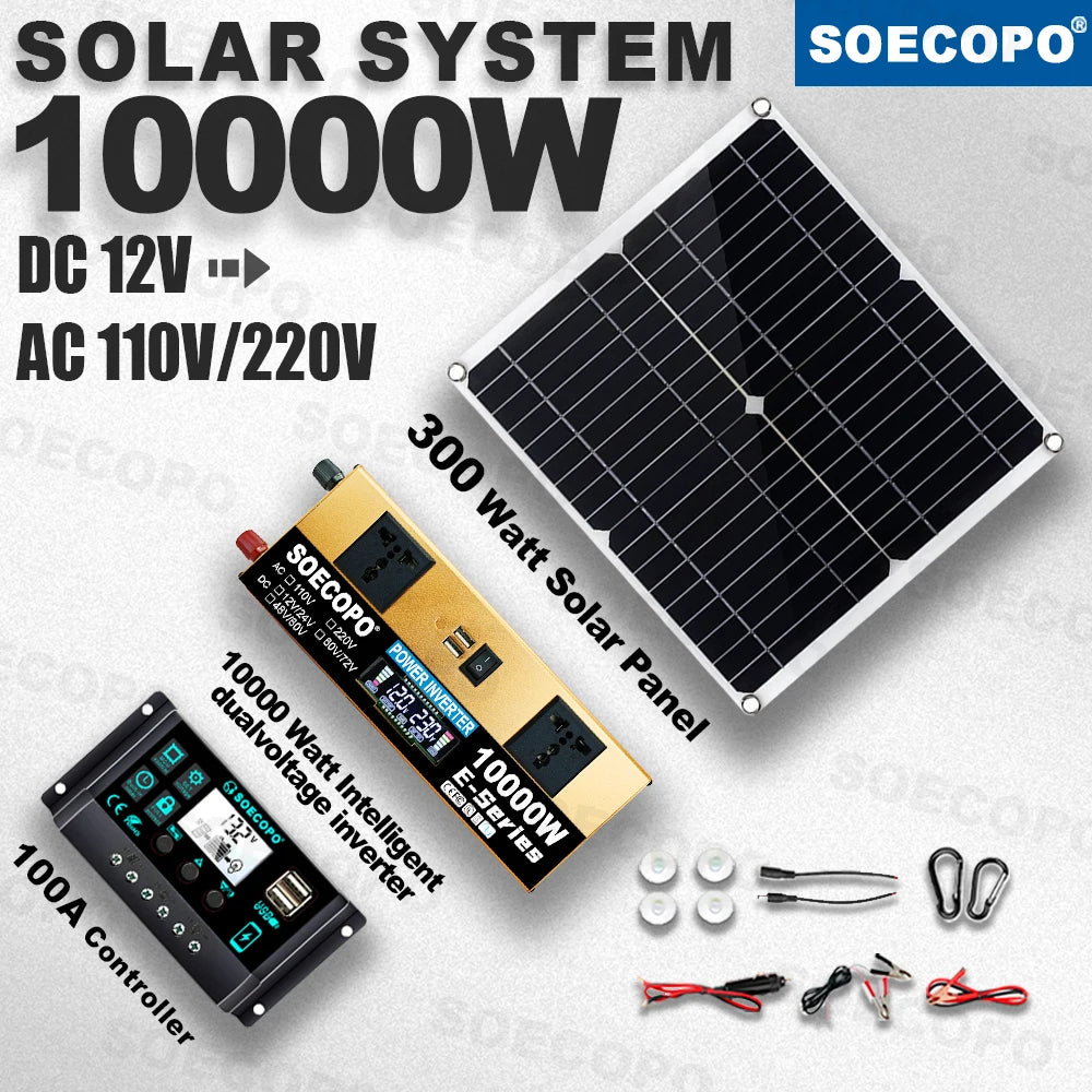 Portable 10000W Peak Solar Kit Complete 12V To 220V 110V Inverter 300W Photovoltaic Panel 100A Controller for Generators Home PRIME RJ SOLAR PH