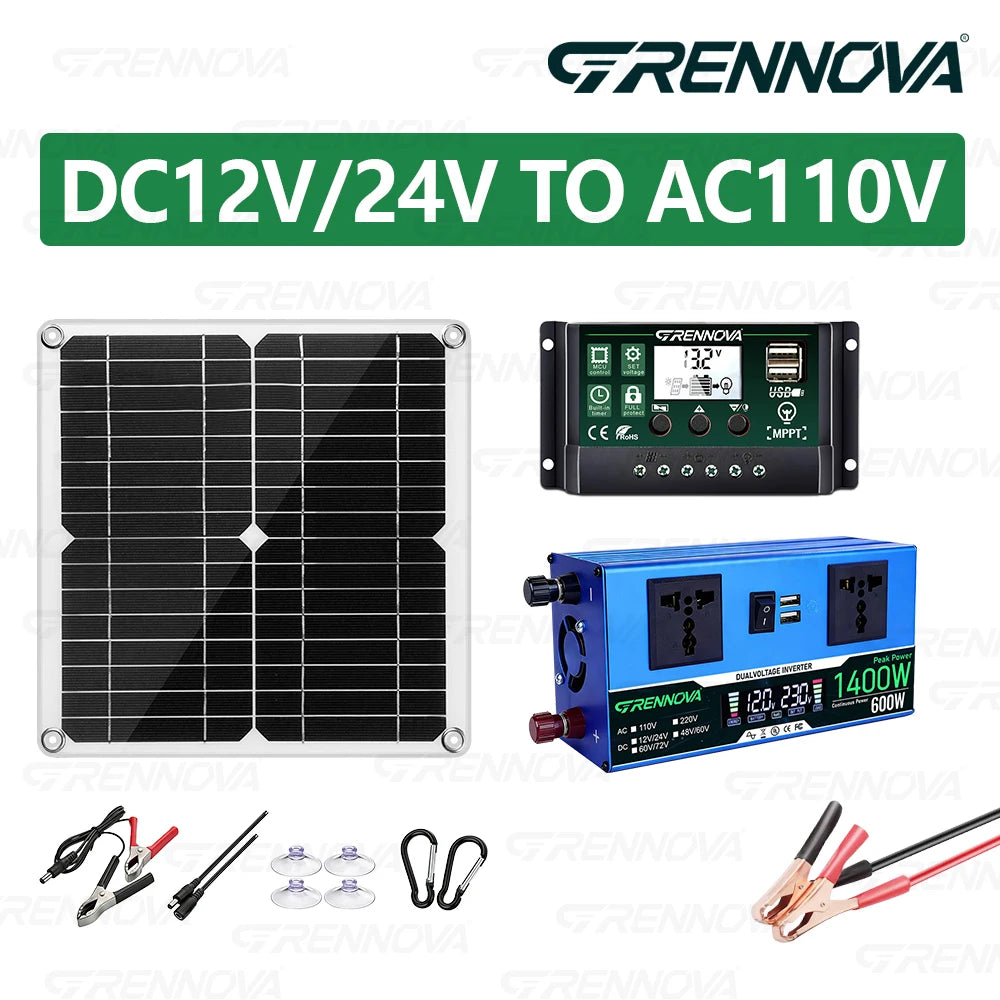 30W Solar Panel System with 1400W Peak Inverter (continuous Power 700W ) | 60A Controller DC 12/24V To 110V/220V for Camping Rv
