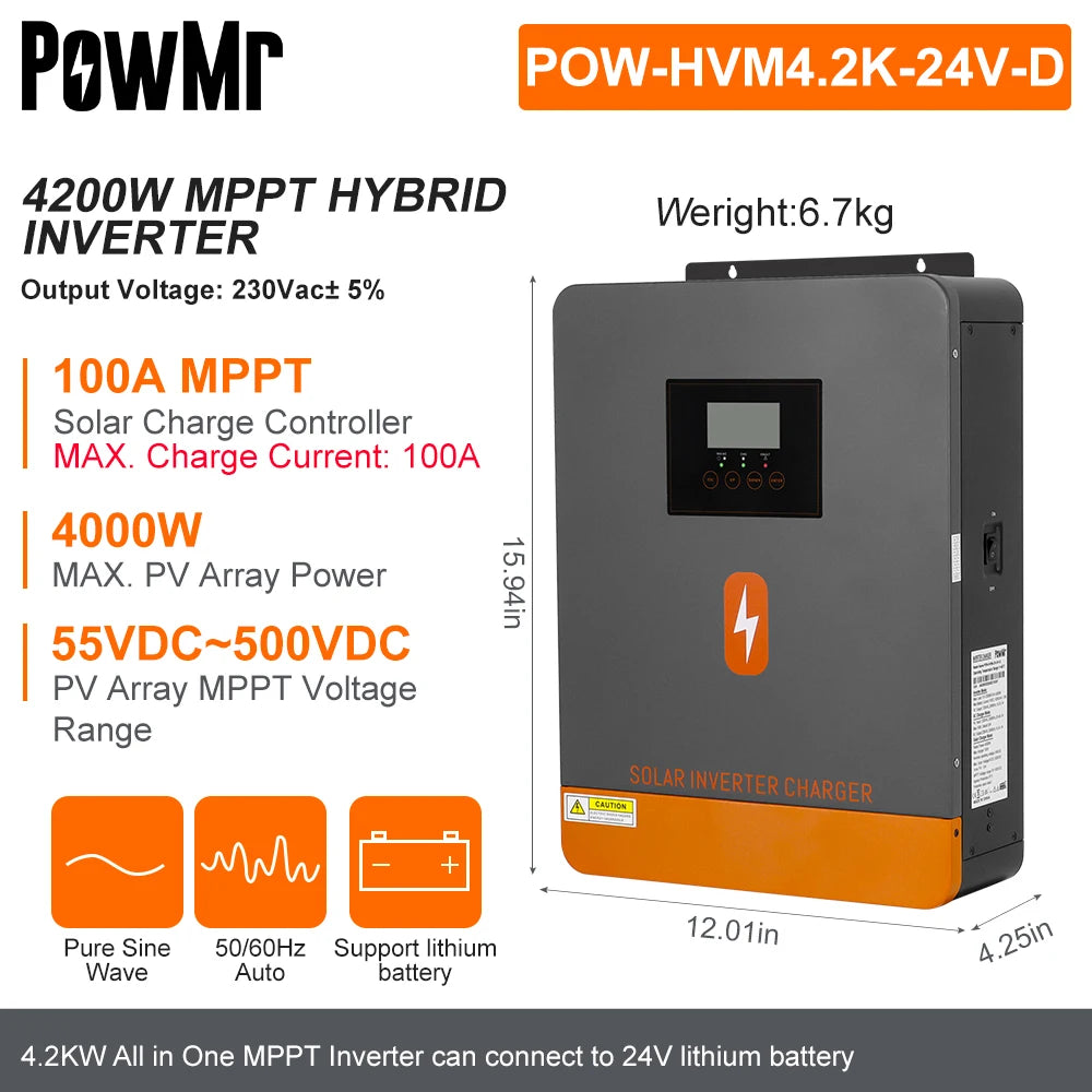 PowMr 4.2KW Hybrid Solar Inverters 24VDC to 220VAC Output PV Range 60~500VDC With MPPT 120A Solar Charge Controller Support WIFI