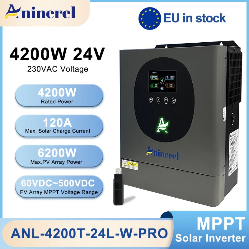 Aninerel 6.2KW 4.2KW 2KW 48V/24V/12V Hybrid Solar Inverter household Pure Sine Wave Inverter MPPT Solar Charge Controller WIFI