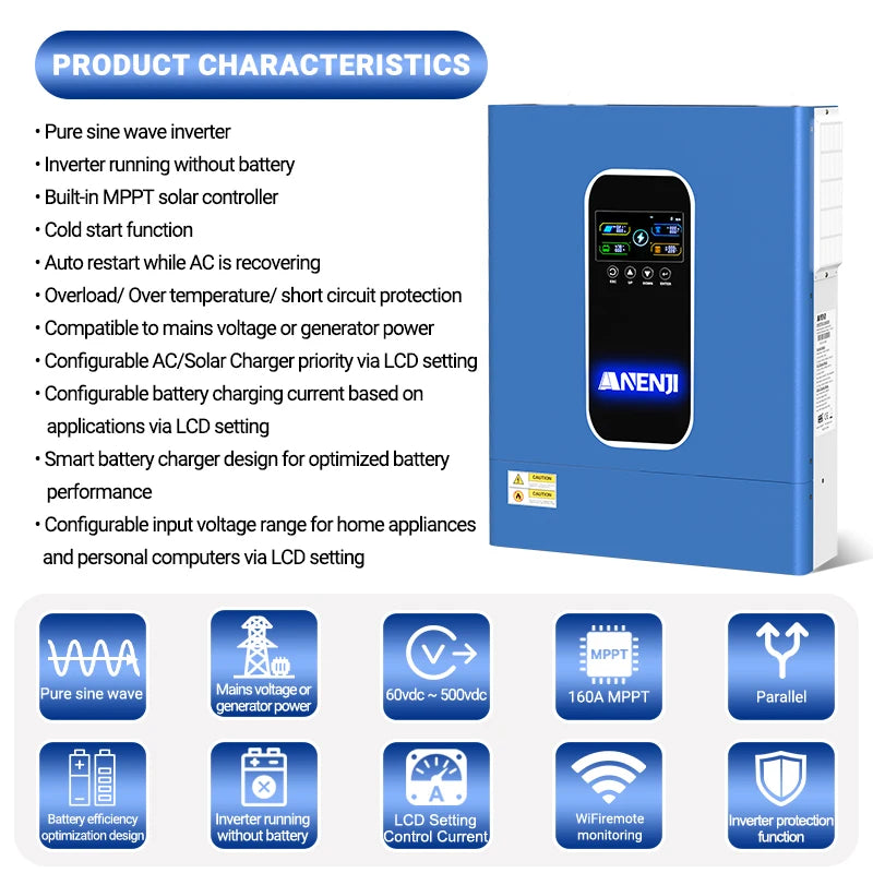 11KW Hybrid Solar Inverter 48V MPPT Photovoltaic On/Off Grid Inverter 220VAC PV 500V Built-in 160A Solar Charge Controller