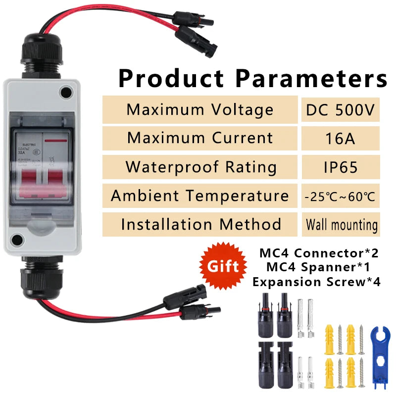 Outdoor IP65 Waterproof Solar PV DC Combiner Box with DC Circuit Breaker, DC500V 32A Load Isolating Switch