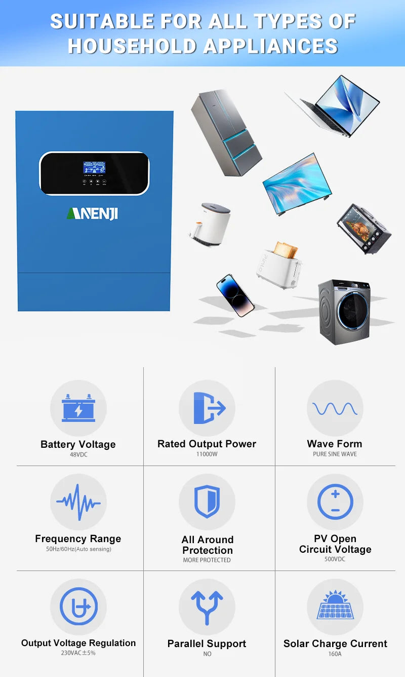11KW Hybrid Solar Inverter 48V MPPT Photovoltaic On/Off Grid Inverter 220VAC PV 500V Built-in 160A Solar Charge Controller