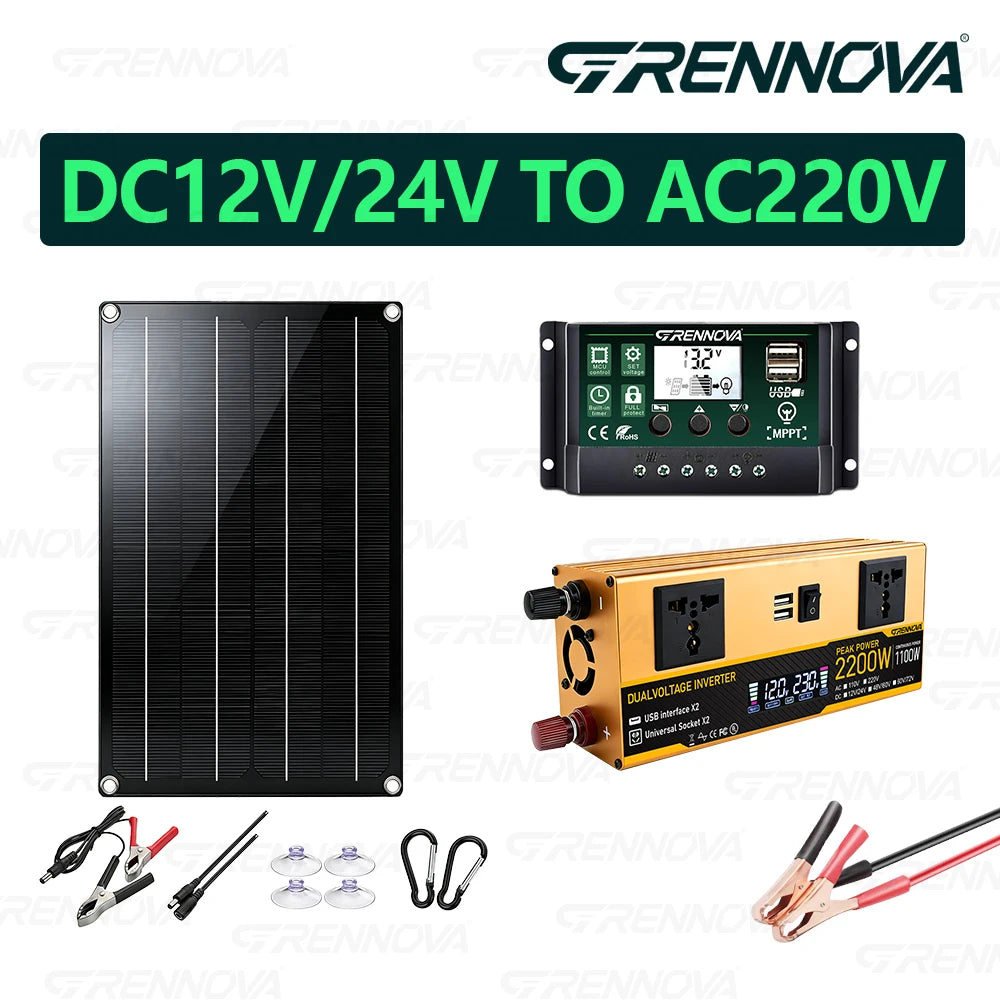 Dual Voltage Solar Kit 60W Panel 60A Controller Dual Inverter (Peak 2200W Continuous 1100W) 12V/24V To 110V/220V for Balcony RV