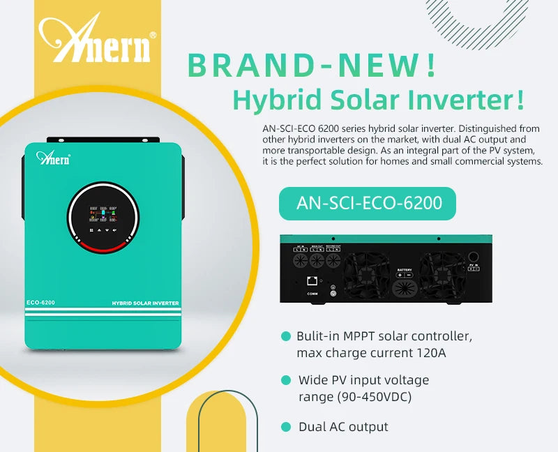 ANERN AN-SCI-ECO Hybrid Solar Inverter 3KW 4.2KW 5KW 6.2KW 6.5KW 24V 48V 220V 120A MPPT Off-Grid Inverter Controller