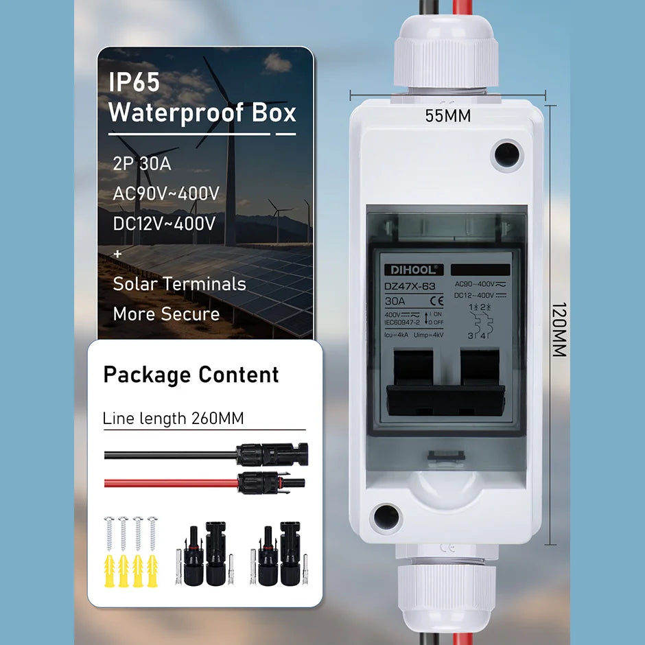 Solar Panel Disconnect Switch 30A /15Amp DC-AC 400V Circuit Breaker With IP65 Distribution Box Short Circuit Overload Protection