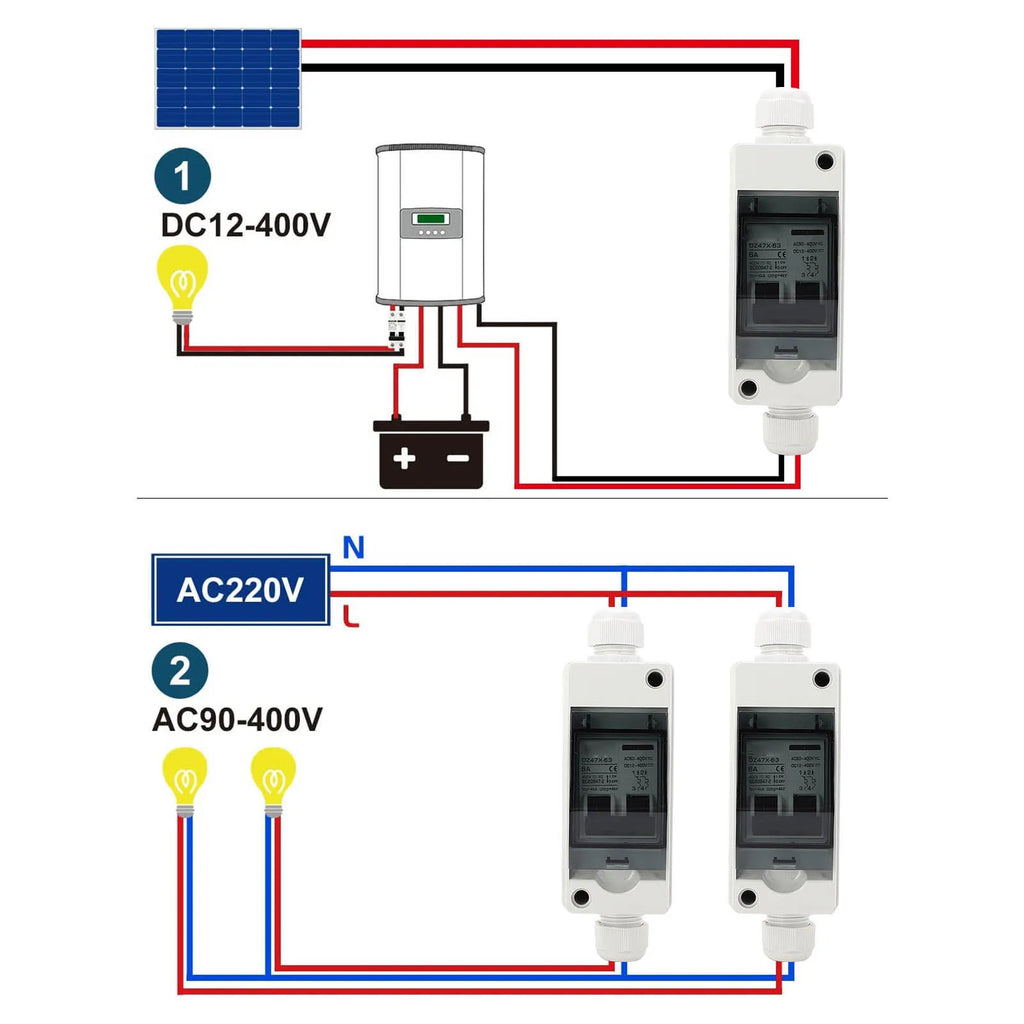 AC90‑400V DC12‑400V 6A 2P DC Miniature Circuit Breaker IP65 Waterproof Solar PV Disconnect Switch