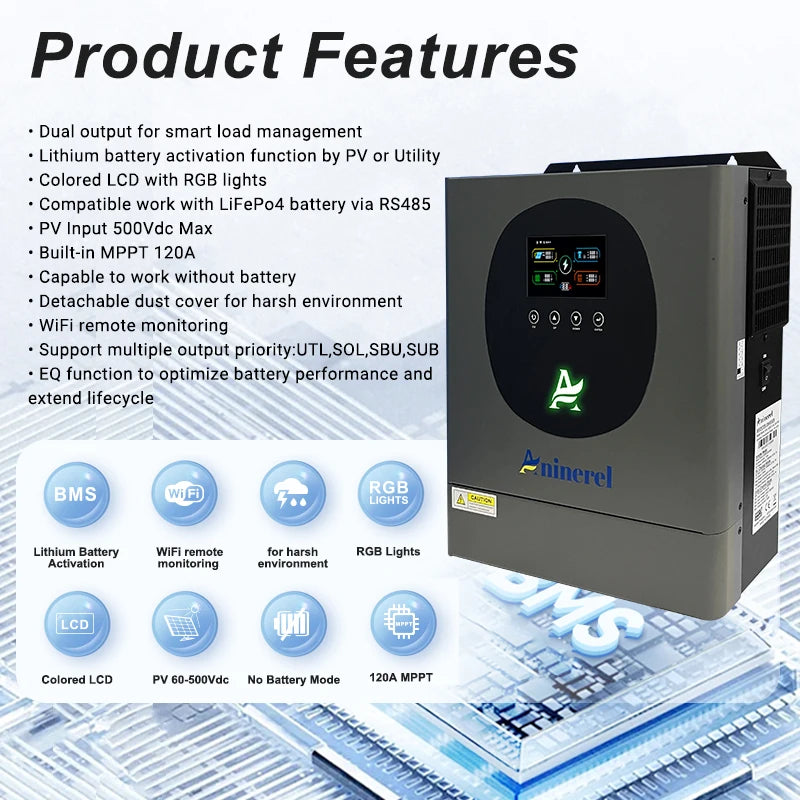 Aninerel 4.2KW Hybrid Solar Inverter 24V Dual Output Color LCD Display Off/On grid Inverter MPPT 100A With WiFi EU Shipping
