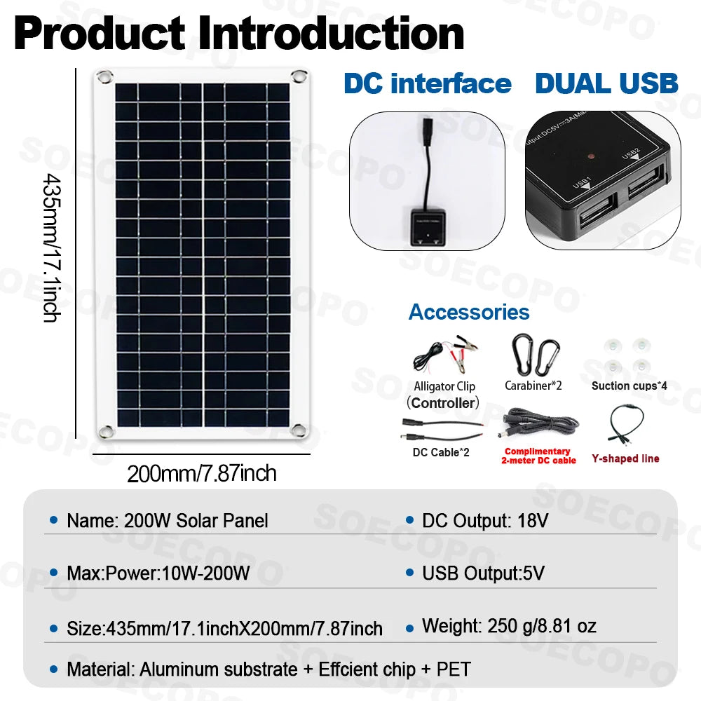 SOECOPO 800W Portable Solar Panel System Kit 4*200W Panels Free 100A Controller USB 5V for Camping Equipment RV Charge Phone