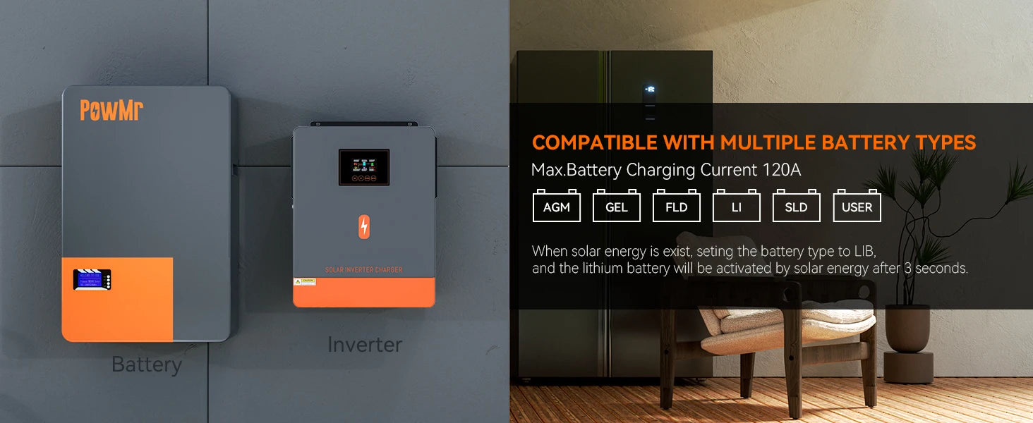 PowMr 6.2KW 4.2KW Hybrid Solar Inverter 24V 48V 220V On Off Grid Inverters Dual Output with MPPT 120A Solar Battery Charger