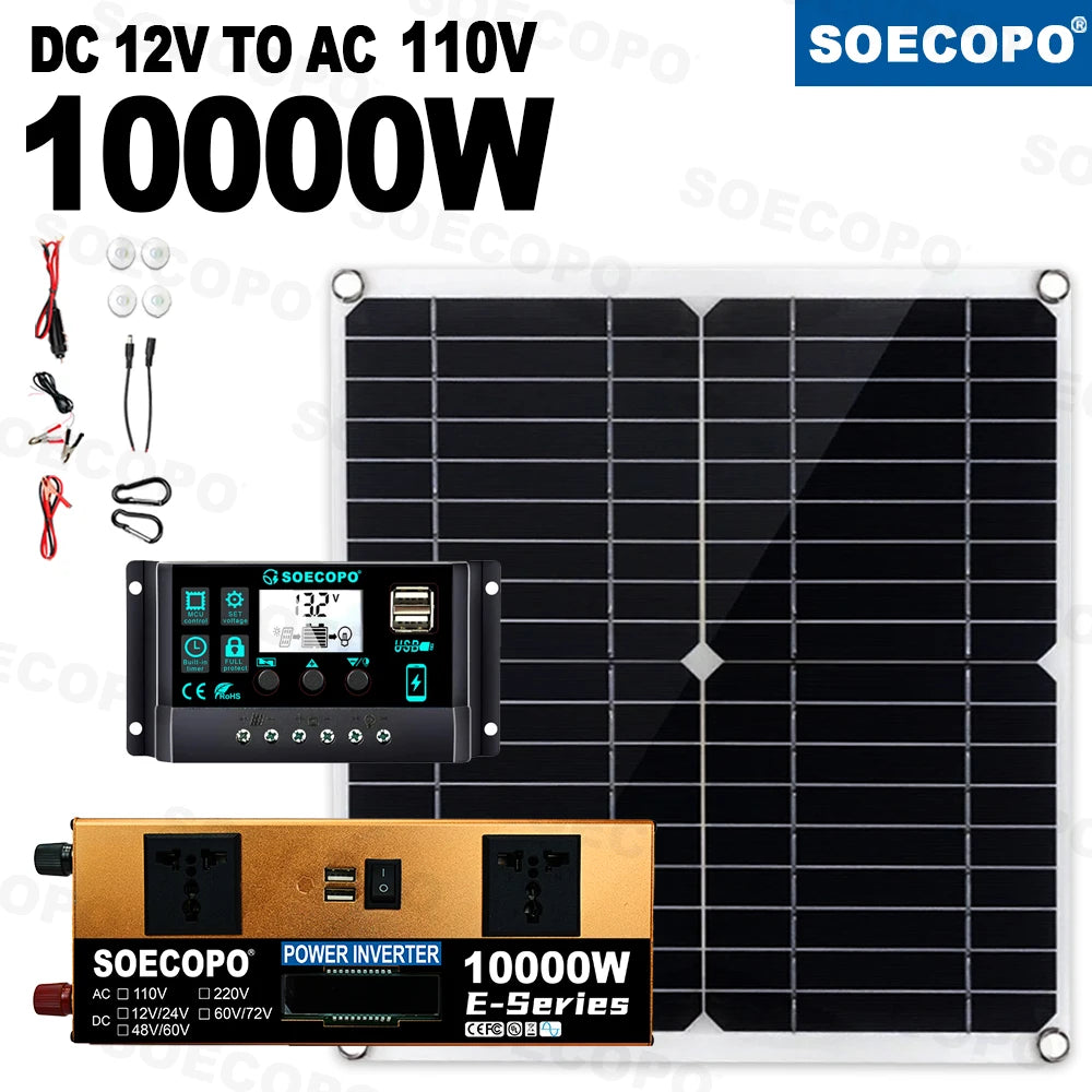 Portable 10000W Peak Solar Kit Complete 12V To 220V 110V Inverter 300W Photovoltaic Panel 100A Controller for Generators Home PRIME RJ SOLAR PH