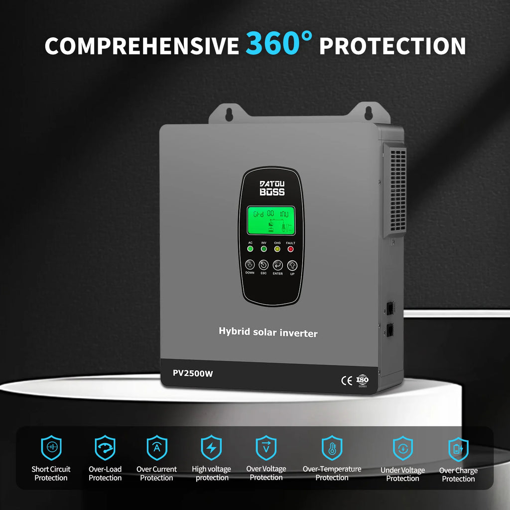 DATOUBOSS Solar Hybrid Inverter 1800W 12V Built in MPPT Charge Controller for Home Use RV Camping Off Grid Power Supply