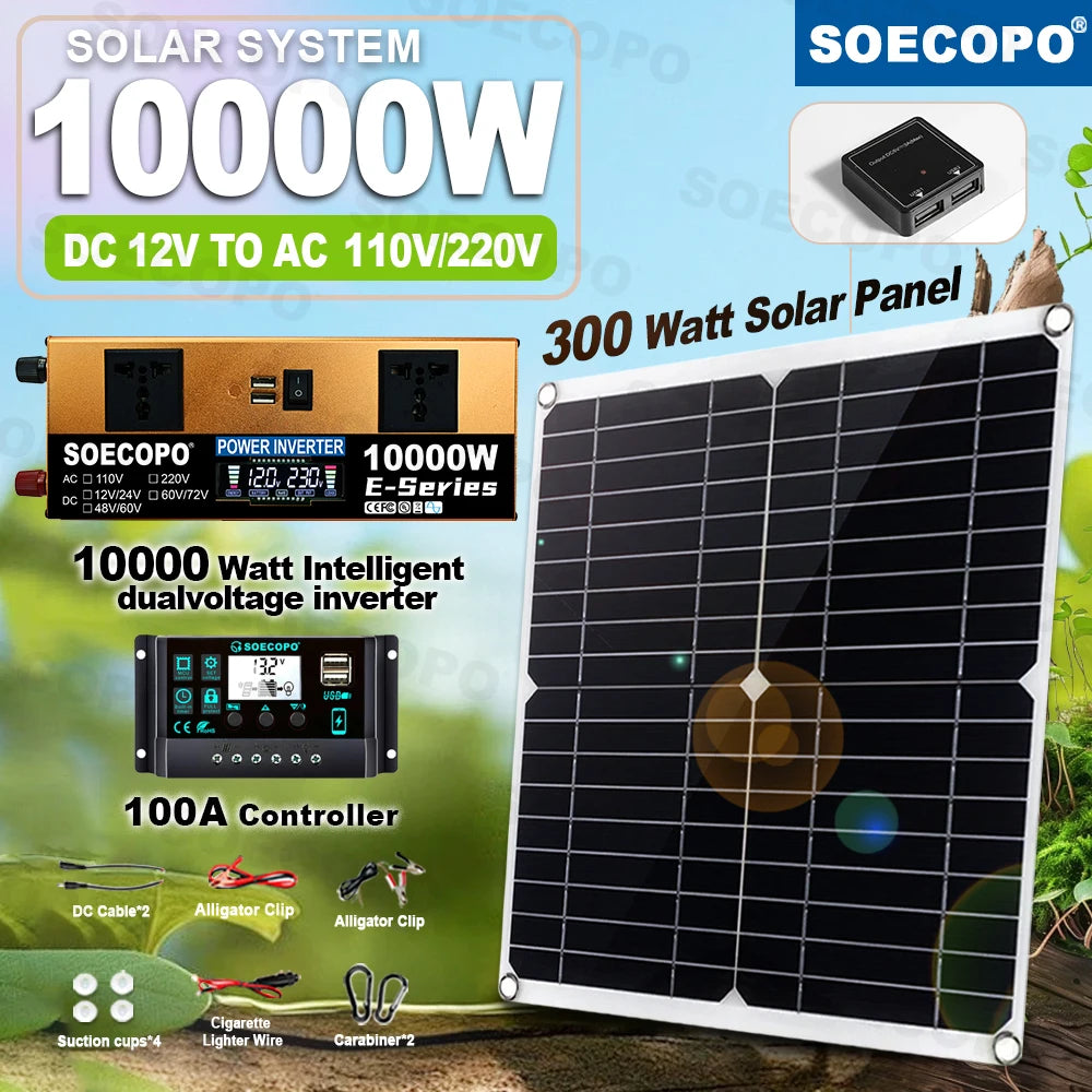 10000W Solar System Complete Kit Dual12V/24V To 110V/220V100A Controller 800W Panel Off-Grid Inverter for Home/Camping Backup