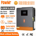 PowMr 6.2KW 4.2KW Hybrid Solar Inverter 24V 48V 220V On Off Grid Inverters Dual Output with MPPT 120A Solar Battery Charger